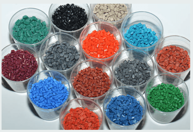 Colored thermoplastic pellets used for injection molding materials
